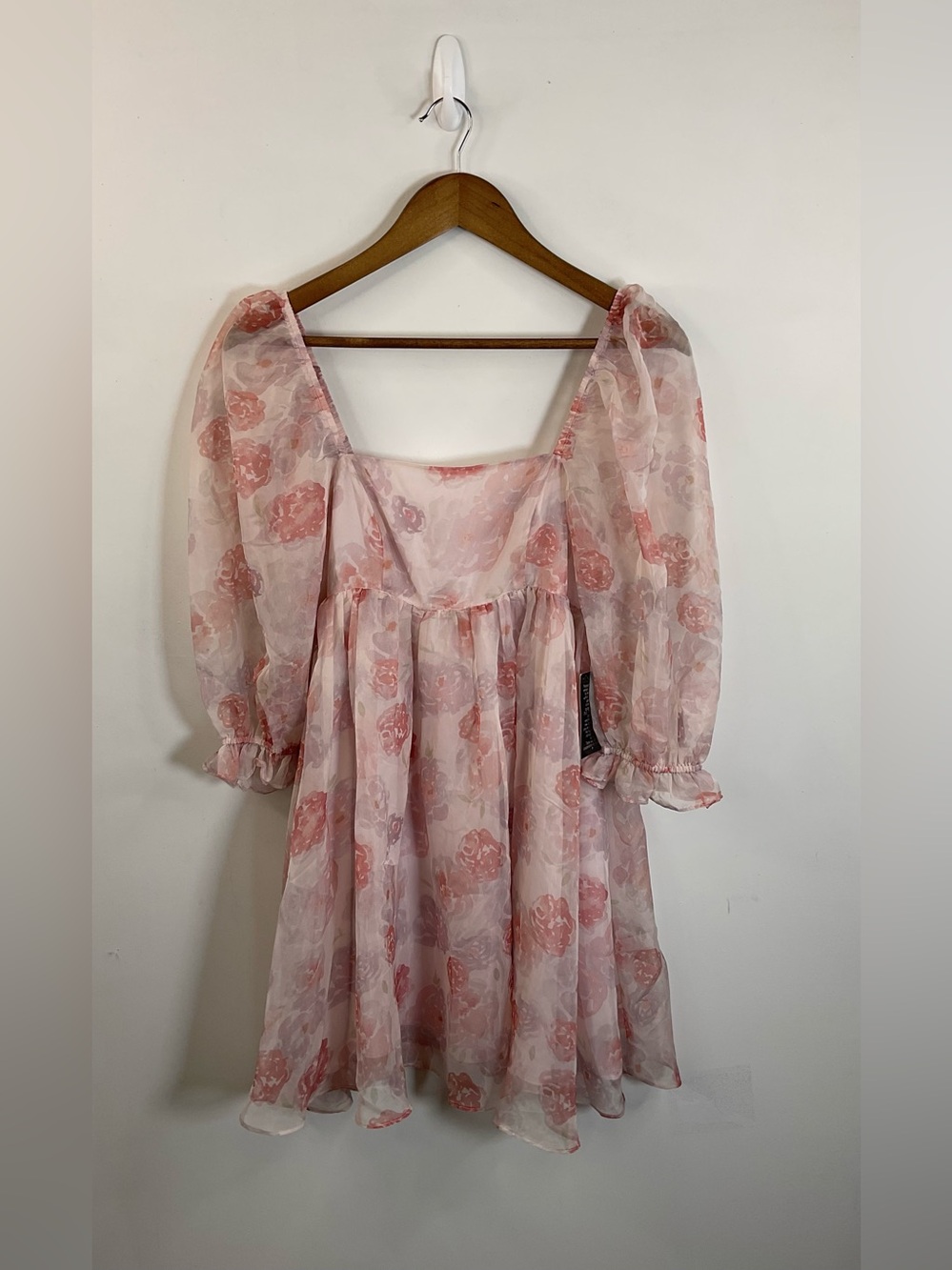 Storia Blush Pink Floral Sheer Puff-Sleeve Tunic Dress Size Small NWT